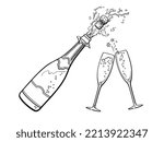 Popping bottle of champagne with cork flying out and two sparkling glasses. Merry Christmas and Happy New Year design elements.Hand drawn vector illustration isolated on white background.