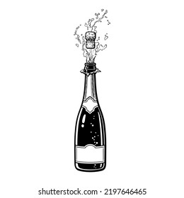 Popping bottle of champagne with cork flying out. Hand drawn vector illustration isolated on white background.