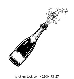 Popping bottle of champagne with cork flying out. Hand drawn vector illustration isolated on white background.