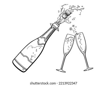 Popping bottle of champagne with cork flying out and two sparkling glasses. Merry Christmas and Happy New Year design elements.Hand drawn vector illustration isolated on white background.