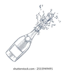 Garrafa de champanhe desenhada à mão ilustração vetor isolado. Símbolo de esboço de vinho espumante para design de menu de bar ou restaurante, design de cartão ou convite de casamento. Bebida alcoólica no estilo de gravação.