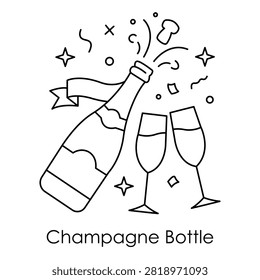 Popping Champagne Bottle and Two Glasses Line Icon