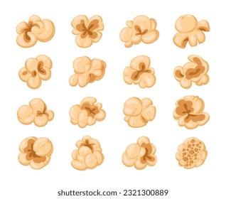 Popping corn set. Cartoon popcorn with salty or sweet flavour, movie watching snack, tasty popcorn shapes flat vector illustration collection