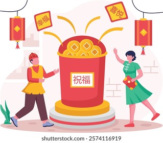 popping of firecrackers bringing Happiness, Joy and Blessings concept, Feng Shui Giant basket vector design, Chinese New Years Beginnings scene, Zodiac Snake 2025 banner, Spring Festival illustration