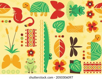 A popping pattern celebrating animals and images from the Florida everglades. This vector pattern repeats seamlessly and features alligators, frogs, insects and flamingos.