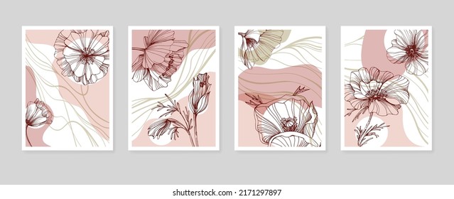 Poppy Abstract Hand Painted Illustrations for Wall Decoration, Postcard, Social Media Banner, Brochure Cover Design Background. Modern Abstract Painting Artwork. Vector Pattern