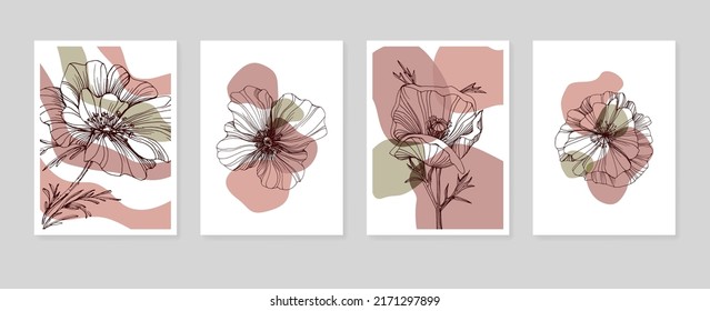 Poppy Abstract Hand Painted Illustrations for Wall Decoration, Postcard, Social Media Banner, Brochure Cover Design Background. Modern Abstract Painting Artwork. Vector Pattern