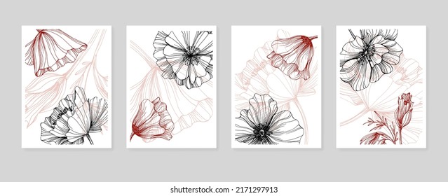 Poppy Abstract Hand Painted Illustrations for Wall Decoration, Postcard, Social Media Banner, Brochure Cover Design Background. Modern Abstract Painting Artwork. Vector Pattern