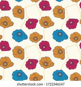Poppy abstracto patrón floral sin fisuras, fondo blanco en vector. Color amarillo, rosa, azul del adorno, textil, impreso, papel pintado
