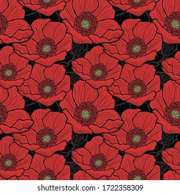 Poppy Abstract Seamless Floral Pattern Black And Red Background In Vector