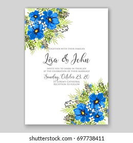 Poppy and anemone, peony wedding invitation template card