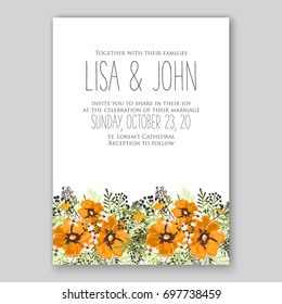 Poppy and anemone, peony wedding invitation template card