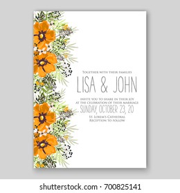Poppy and anemone, peony wedding invitation template card