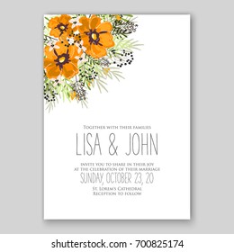 Poppy and anemone, peony wedding invitation template card