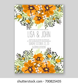 Poppy and anemone, peony wedding invitation template card