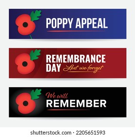 Poppy Appeal, Remembrance Day, web banners or poster graphics. 3 designs in vector format.