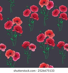 Poppy Background. Red Poppy Seamless Pattern. Green Leaves and Flowers Trendy graphics. Greenery Branches and Blooming Wildflowers seamless pattern. Red Poppy bouquets for luxury wallpapers, textile