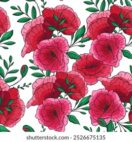 Poppy Background. Red Poppy Seamless Pattern. Green Leaves and Flowers Trendy graphics. Greenery Branches and Blooming Wildflowers seamless pattern. Red Poppy bouquets for luxury wallpapers, textile