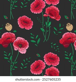 Poppy Background. Red Poppy Seamless Pattern. Green Leaves and Flowers Trendy graphics. Greenery Branches and Blooming Wildflowers seamless pattern. Red Poppy bouquets for luxury wallpapers, textile