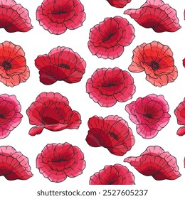 Poppy Background. Red Poppy Seamless Pattern. Green Leaves and Flowers Trendy graphics. Greenery Branches and Blooming Wildflowers seamless pattern. Red Poppy bouquets for luxury wallpapers, textile