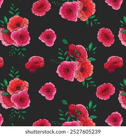 Poppy Background. Red Poppy Seamless Pattern. Green Leaves and Flowers Trendy graphics. Greenery Branches and Blooming Wildflowers seamless pattern. Red Poppy bouquets for luxury wallpapers, textile