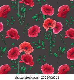 Poppy Background. Red Poppy Seamless Pattern. Green Leaves and Flowers Trendy graphics. Greenery Branches and Blooming Wildflowers seamless pattern. Red Poppy bouquets for luxury wallpapers, textile