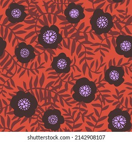 Poppy background. Seamless floral pattern with meadow flower buds, leaves and branches. Botanical background in modern flat style. Floral silhouettes. Fashion print for textile design and fabric.