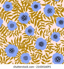 Poppy background. Seamless floral pattern with meadow flower buds, leaves and branches. Botanical background in modern flat style. Floral silhouettes. Fashion print for textile design and fabric.