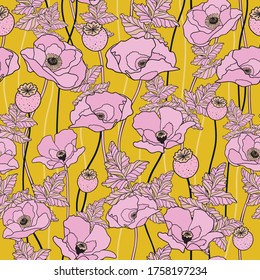 Poppy bloom floral. Vector repeat pattern. Great for home decor, wrapping, fashion, scrapbooking, wallpaper, gift, kids, apparel.