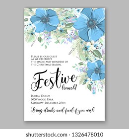 Poppy blue Wedding invitation  wild free rustic  floral vector template