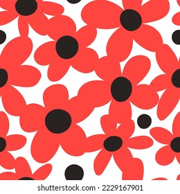 Poppy. Bold red flowers. Children's seamless pattern. Flowers summer trend. Vector design. Red background