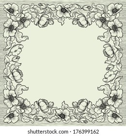 Poppy border. Vector  floral background with poppy flowers and leaves  at color engraving style.