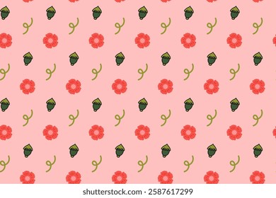 poppy buds with flower colorful seamless pattern on blue background. poppies burgeon, swirl doodle illustration pattern background. poppy flower buds background for florist decor and merchandise