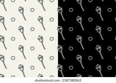 poppy buds with flower doodle seamless pattern on black white background set. poppies burgeon flower engraving pattern background. retro poppy flower buds background for florist decor and merchandise