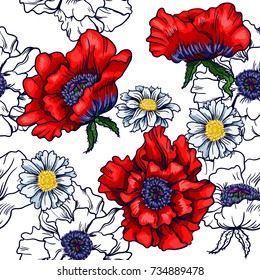 Poppy and   camomile on white background. Seamless background pattern. Hand drawn vector illustration.