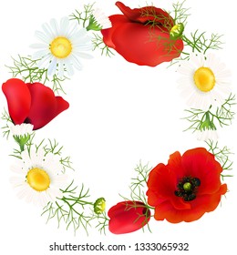 Poppy. Chamomile. Beautiful bright realistic flowers of red color on a white background. Happy Mother's Day Template.. Greeting card. Springtime. Vector illustration.