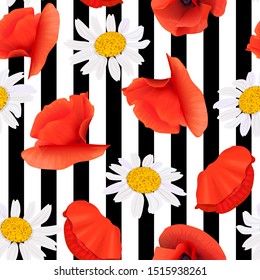 Poppy and chamomile flowers Seamless pattern on striped black and white background. Vector illustration. Papaveroideae. cards invitation decoration. For medicine, aromatherapy, perfumery cosmetics