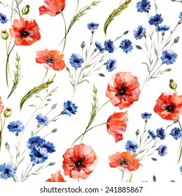 poppy, cornflower, watercolor, pattern