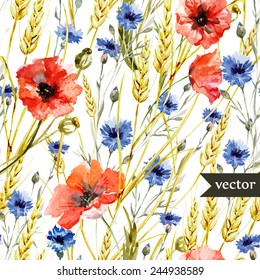 poppy, cornflower, wheat, water color, pattern