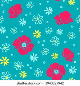 Poppy and daisy seamless pattern on light blue background. Floral vector illustration