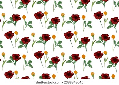 poppy and dandelion bouquet seamless vector pattern, watercolor texture wildflowers print, white background
