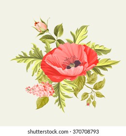 The poppy elegant card. The bouquet of poppy flowers. Small floral garland. Vector illustration.