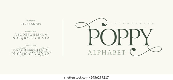 Poppy Elegant Font Uppercase Lowercase and Number. Classic Lettering Minimal Fashion Designs. Typography modern serif fonts regular decorative vintage concept. vector illustration