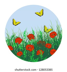 Poppy field background with butterflies