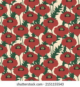 Poppy field hand drawn vector illustration. Red flowers in flat style for a wallpaper. Floral seamless pattern.