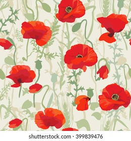 Poppy field - seamless pattern. 
Hand drawn vector floral pattern with red poppy theme.