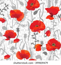 Poppy field - seamless pattern. 
Hand drawn vector floral pattern with red poppy theme.
