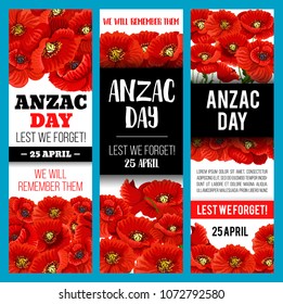 Poppy flower banner for Anzac Remembrance Day. 25 April Lest We Forget memorial card design with red flower of poppy for commemorate of Australian and New Zealand Army Corps