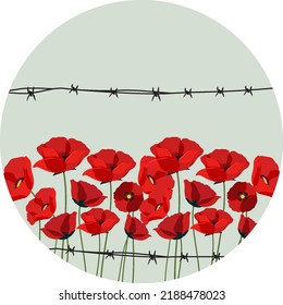 Poppy flower behind barbed wire logo illustration