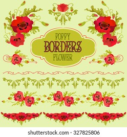 Poppy flower border elements set. Bouquets and garlands and text label template. Hand drawn vector line 